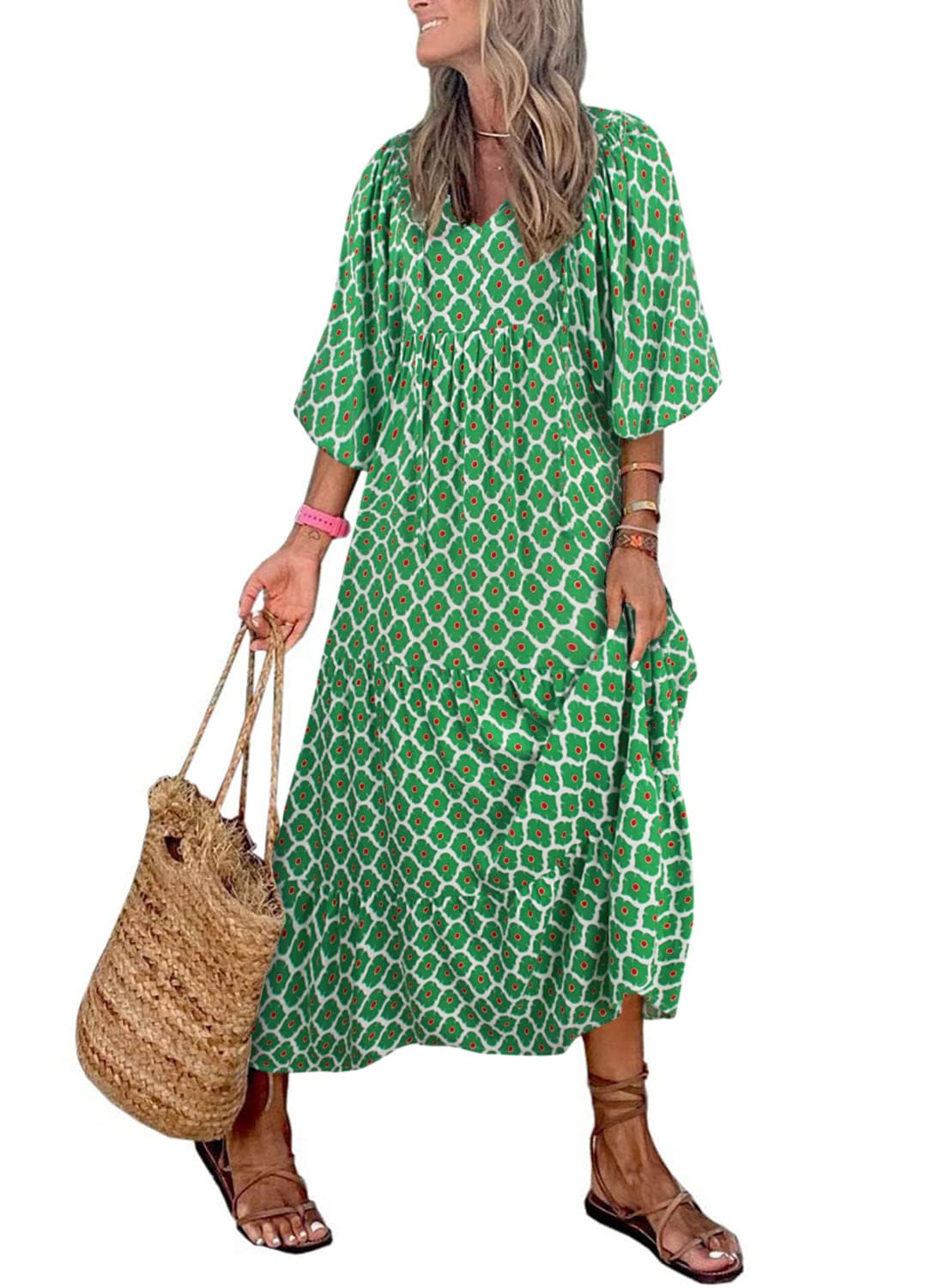 WINONA – WOMEN'S PUFF SLEEVE GEOMETRIC BOHEMIAN MAXI DRESS