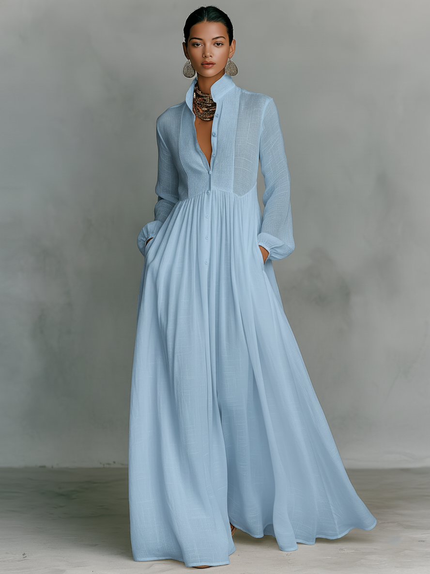 Maxi Minimalist Dress in Cotton and Linen with Patchwork Panels, High Collar and Long Sleeves