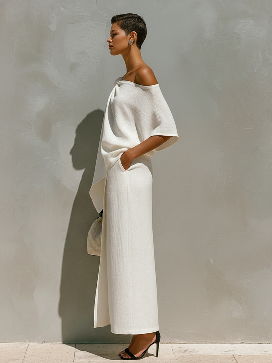 Women's White Linen Set With One-Shoulder Knot Detail & Front Slit, Timeless Minimalist-Resort Style Set MDZ2796C6I