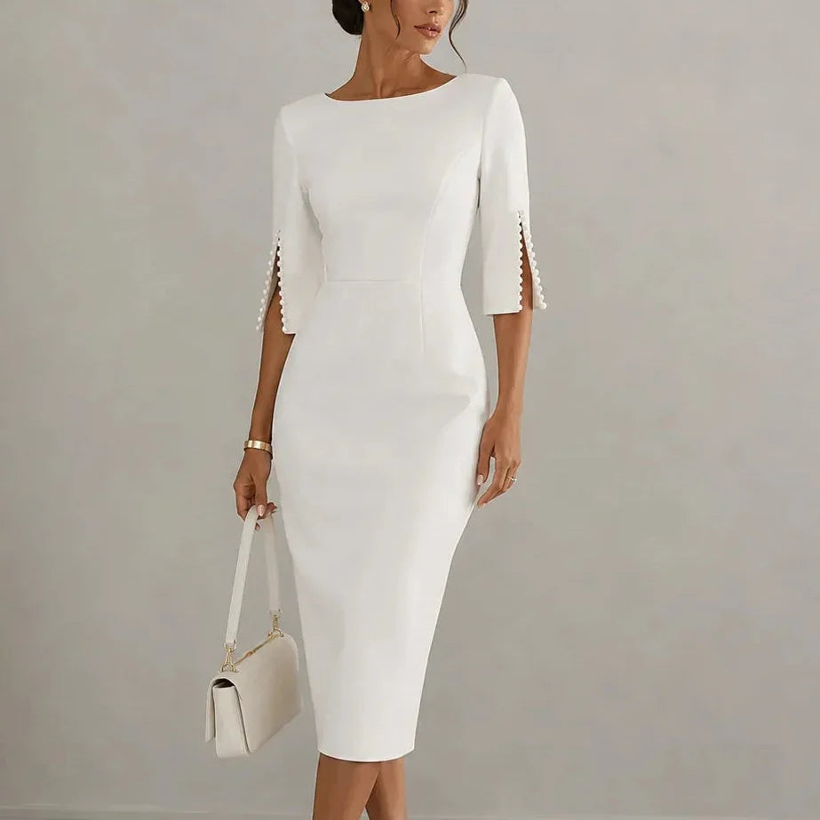 Elarosa – Pearl-like Sleeve Slim Fit Pencil Midi Dress