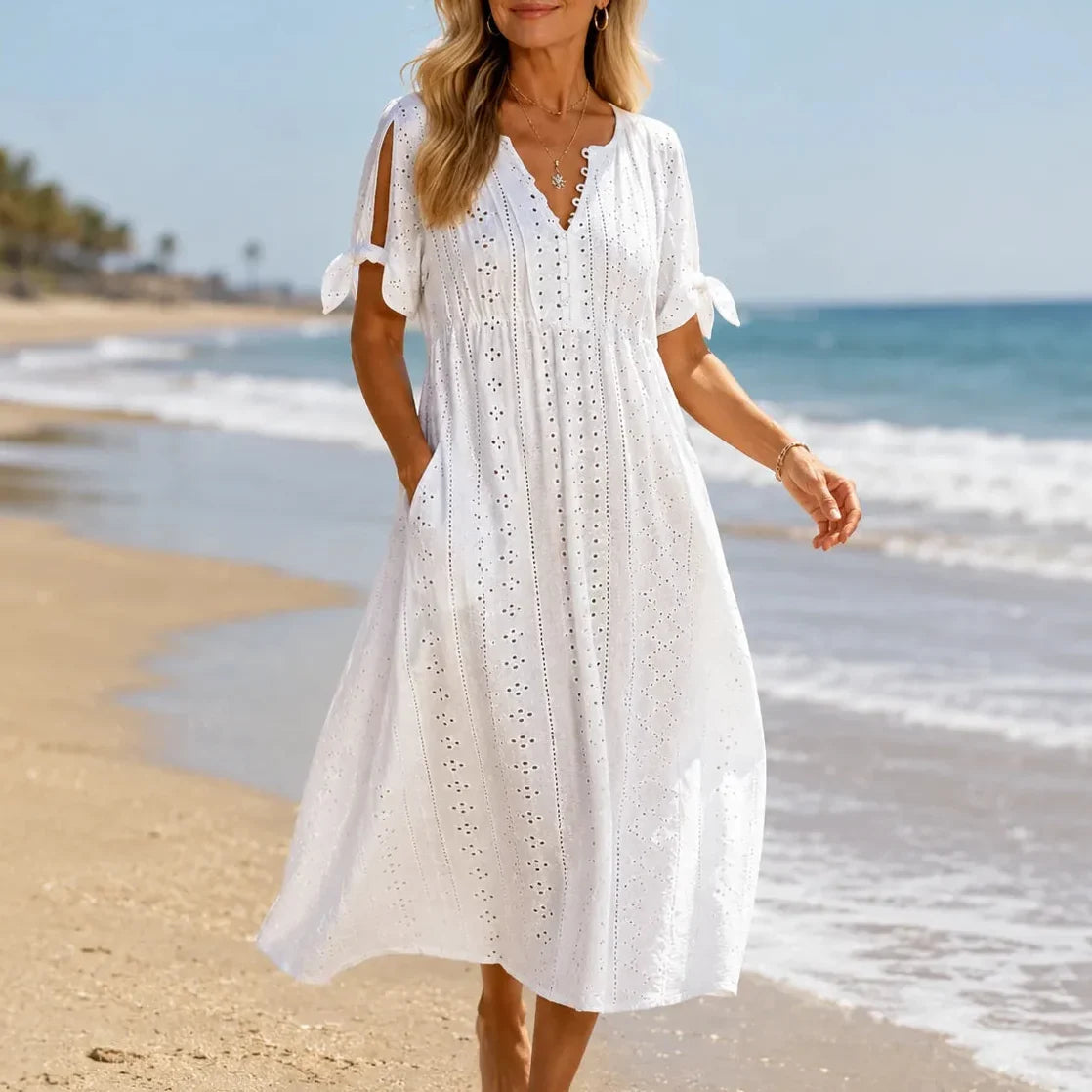 Lunavia – Eyelet V Neck Midi Dress with Tie Sleeves and Pockets