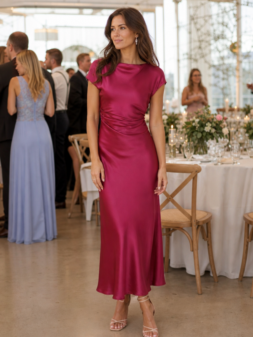 Elure | Short Sleeve Boat Neck Fitted Silhouette Midi Dress