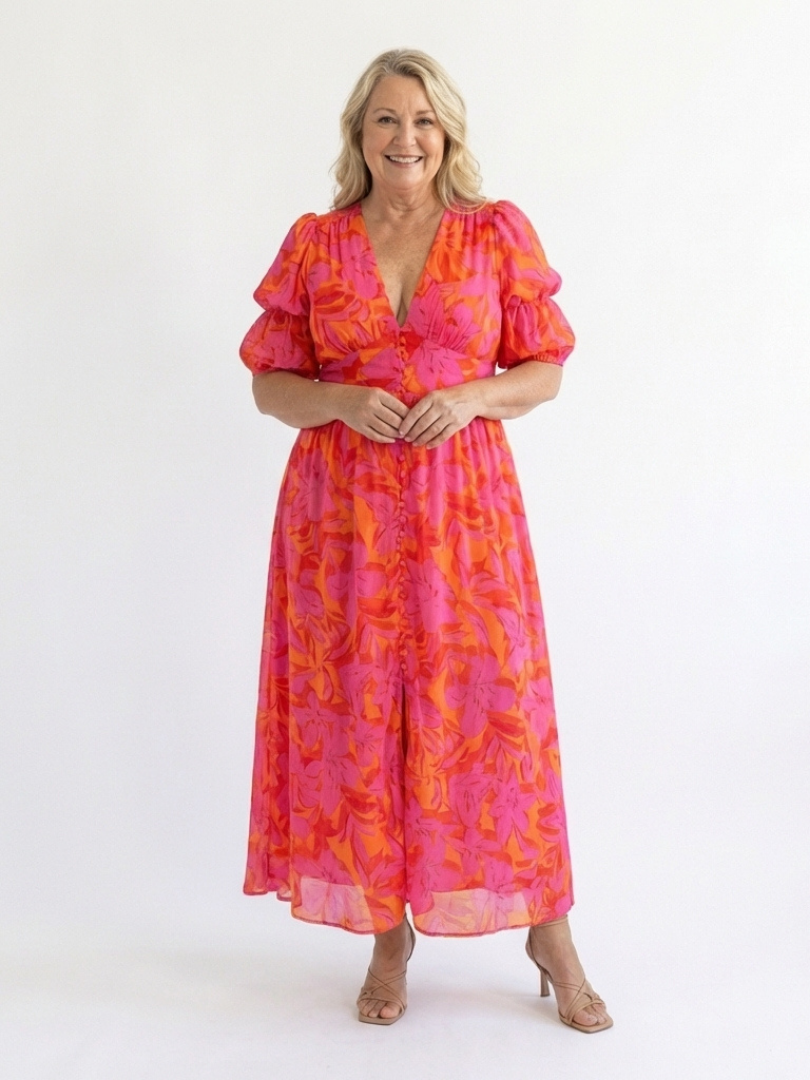 Stella & Grace™ | Floral V Neck Puff Sleeve Midi Dress