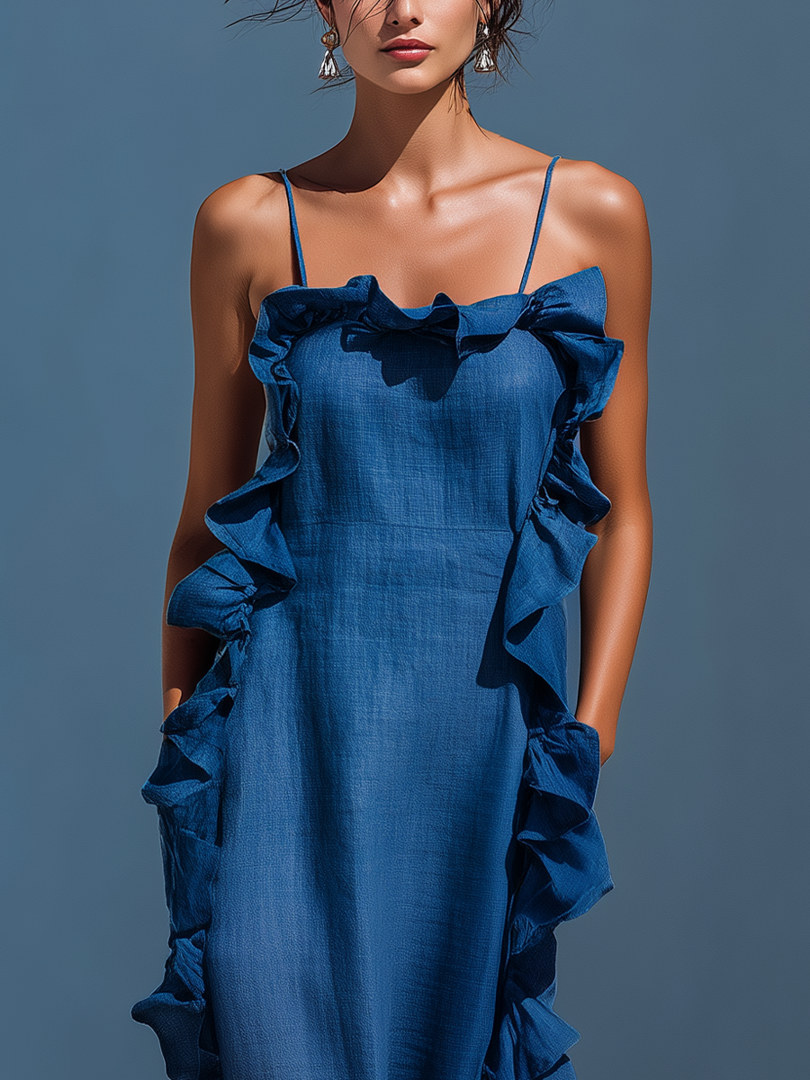 Women’s Blue Linen-Blend Spaghetti Strap Ruffle Trim Maxi Dress With Slit MDZ2407D1T