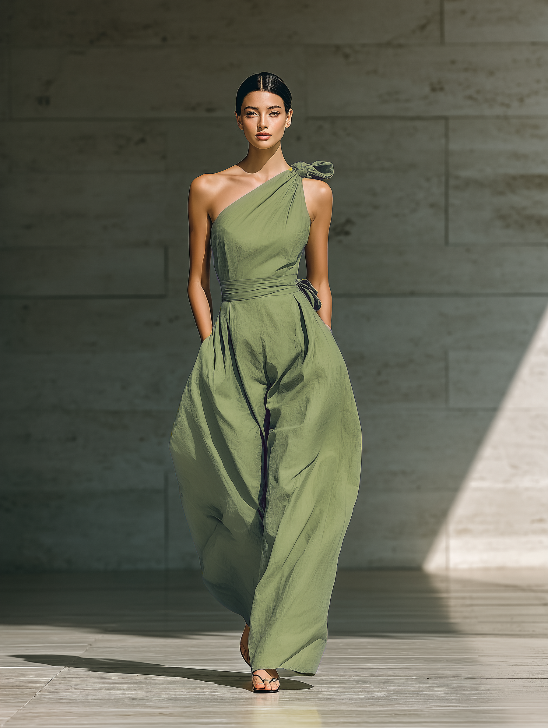 Women's Light Green Cotton And Linen Blend One-Shoulder Wide-Leg Jumpsuit With Tie Waist MDZ3136A8T