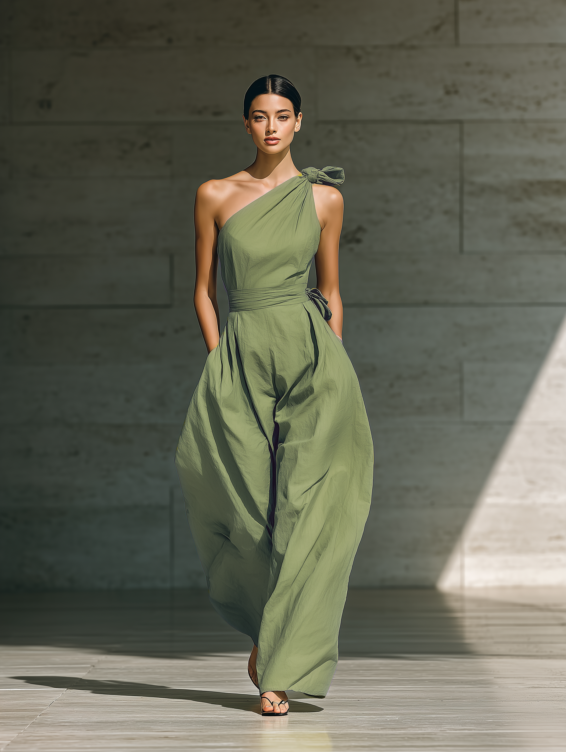 Women's Light Green Cotton And Linen Blend One-Shoulder Wide-Leg Jumpsuit With Tie Waist MDZ3136A8T