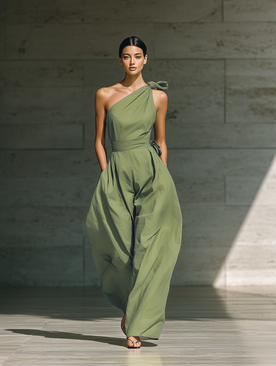 Women's Light Green Cotton And Linen Blend One-Shoulder Wide-Leg Jumpsuit With Tie Waist MDZ3136A8T