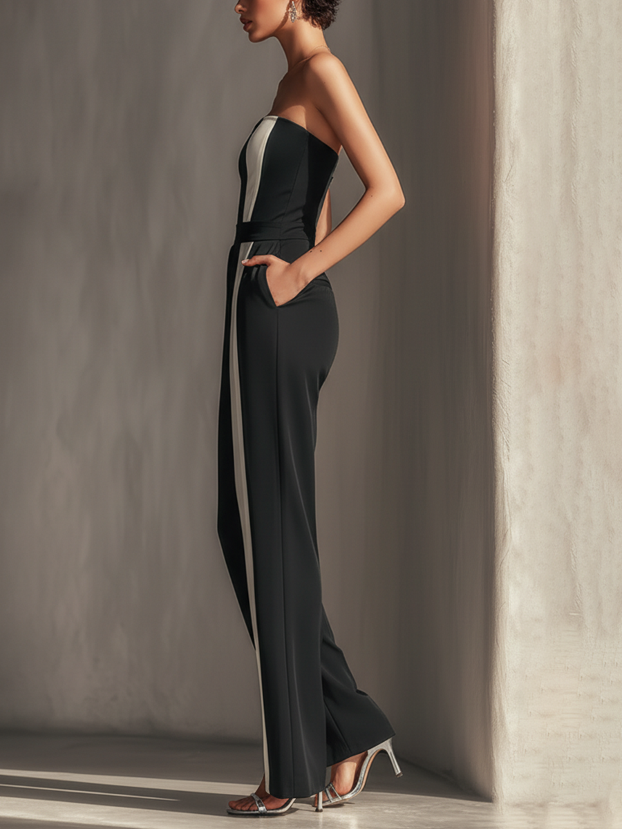 Women's Black Strapless Jumpsuit With Contrast White Vertical Stripe & Side Pockets MDZ0336C7T