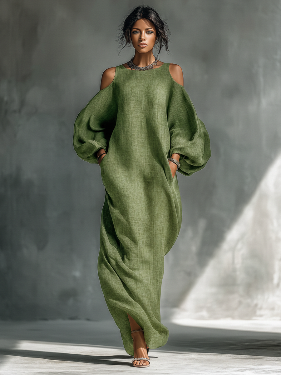 Women's Light Green Cold-Shoulder Maxi Dress With Oversized Puff Sleeves & Side Pockets MDZ1004B7T