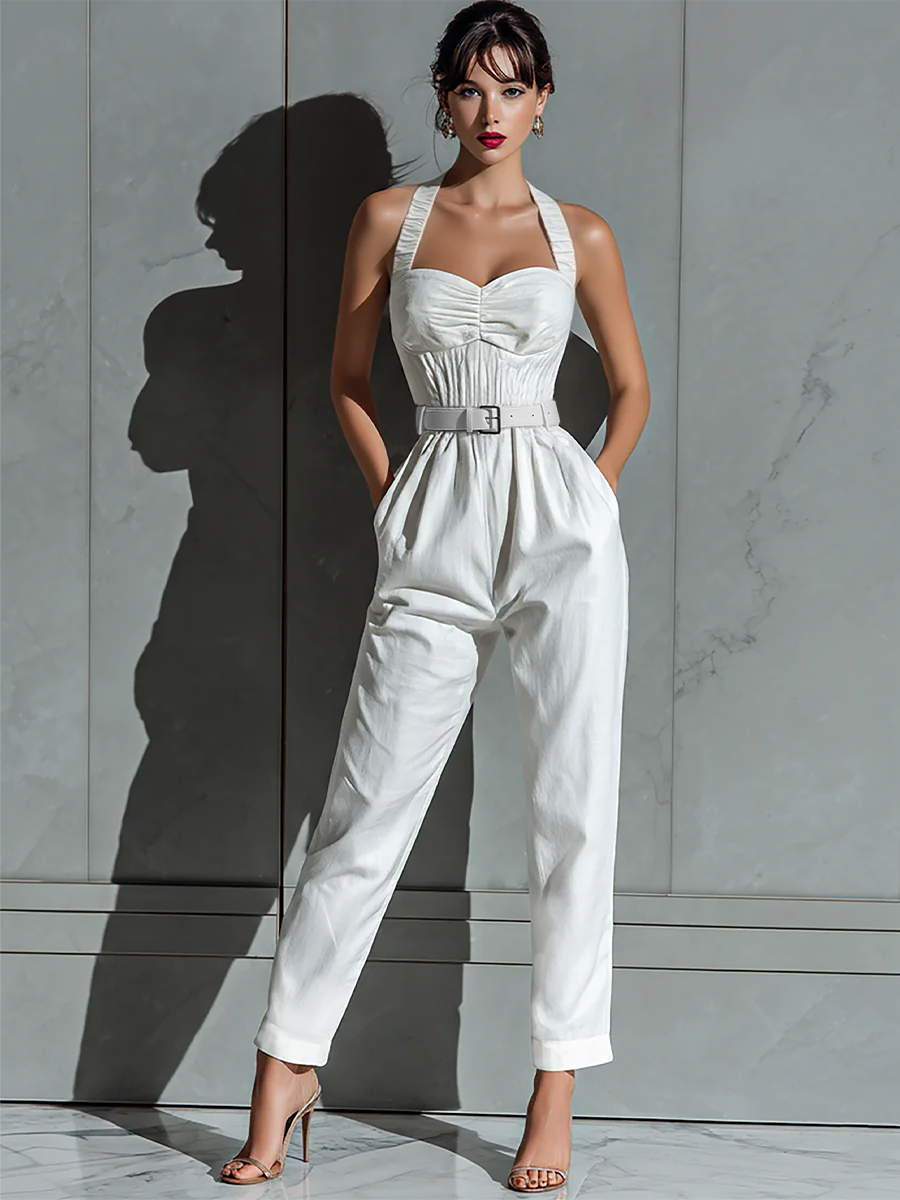 Women's Ivory Cotton And Linen Blend Wide-Leg Jumpsuit With Cinched Waist MDZ0674B7T