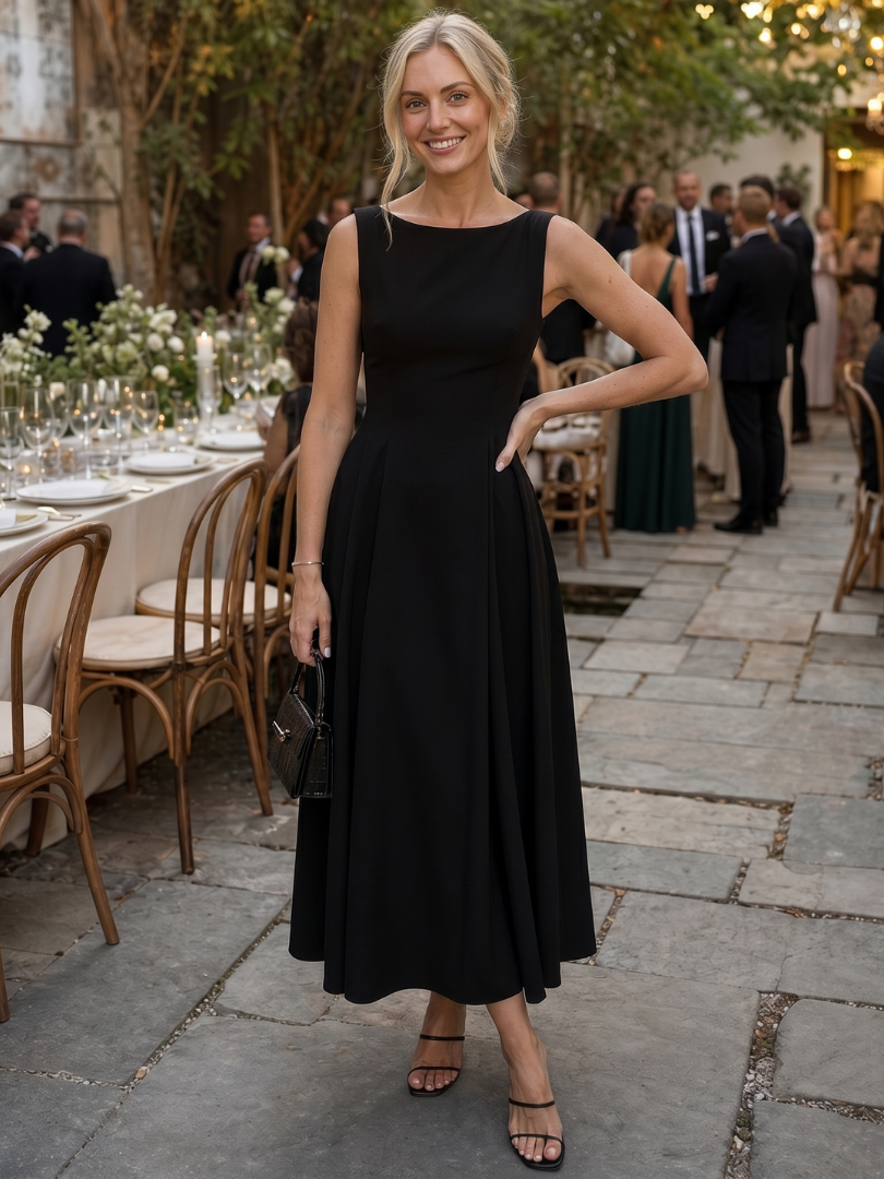 Corane | Sleeveless Crew Neck Fitted Bodice Midi Dress