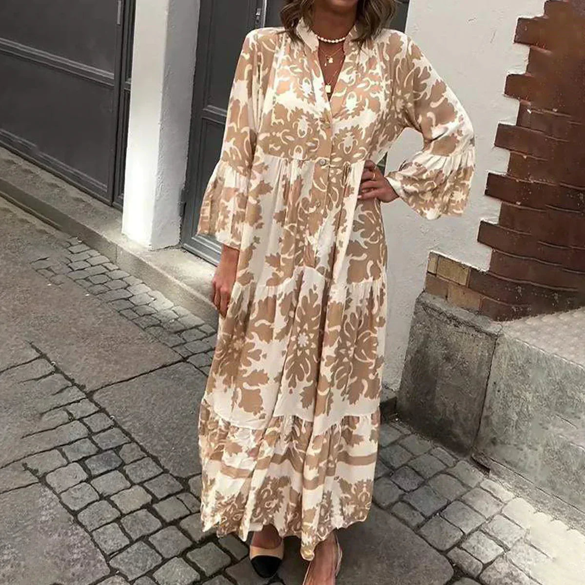Kate | Women's Boho Printed Long Sleeve Midi Dress