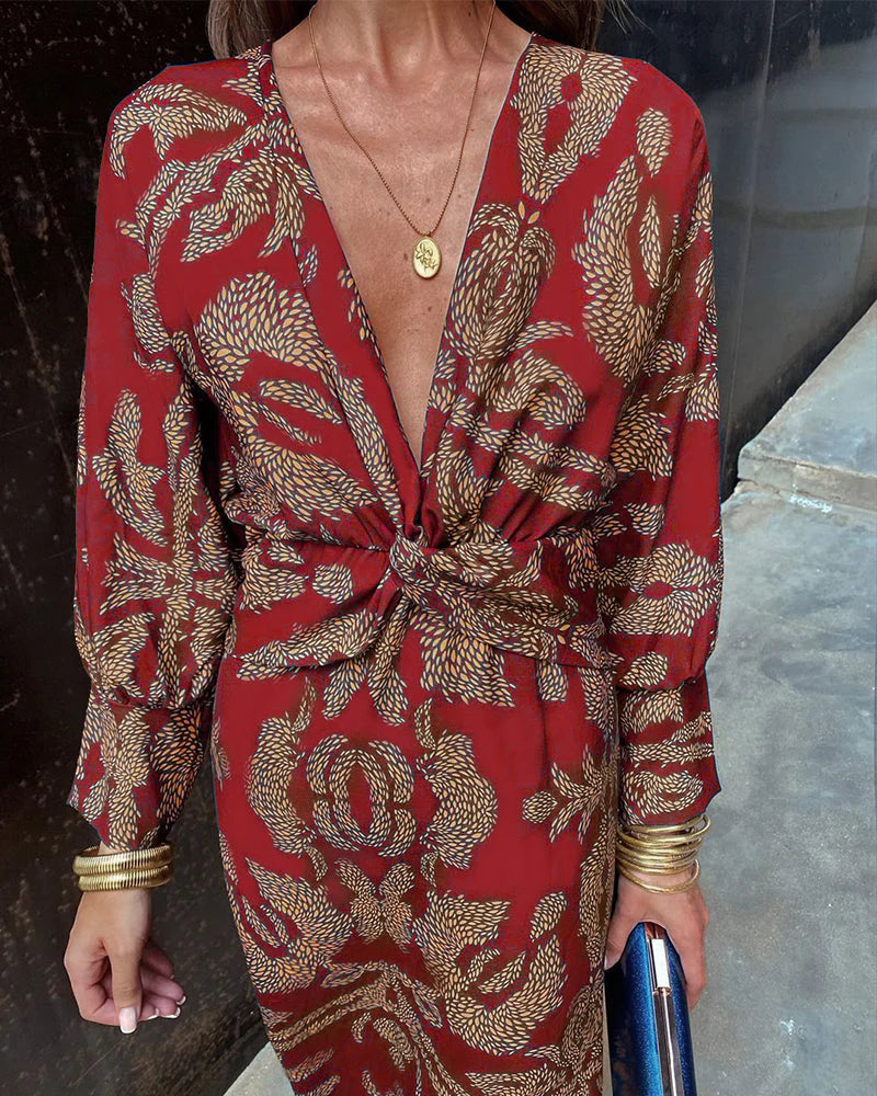 Elegant Dress with Twisted Front - Chic Floral Pattern
