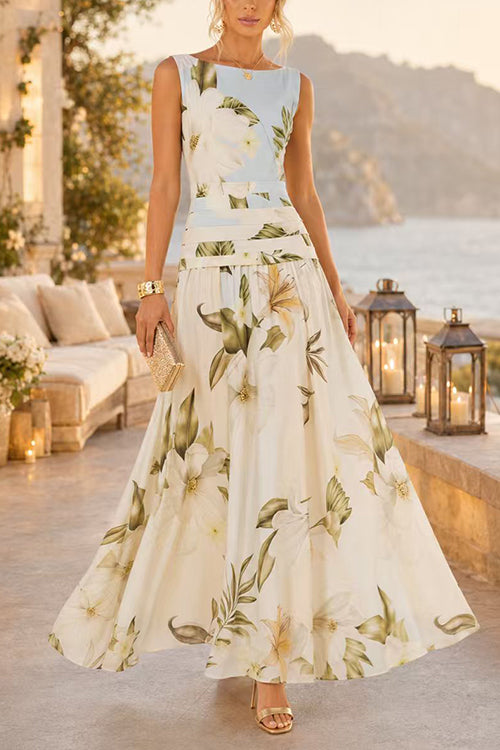 Margovil Boat Neck Sleeveless Floral Print A-line Maxi Dress