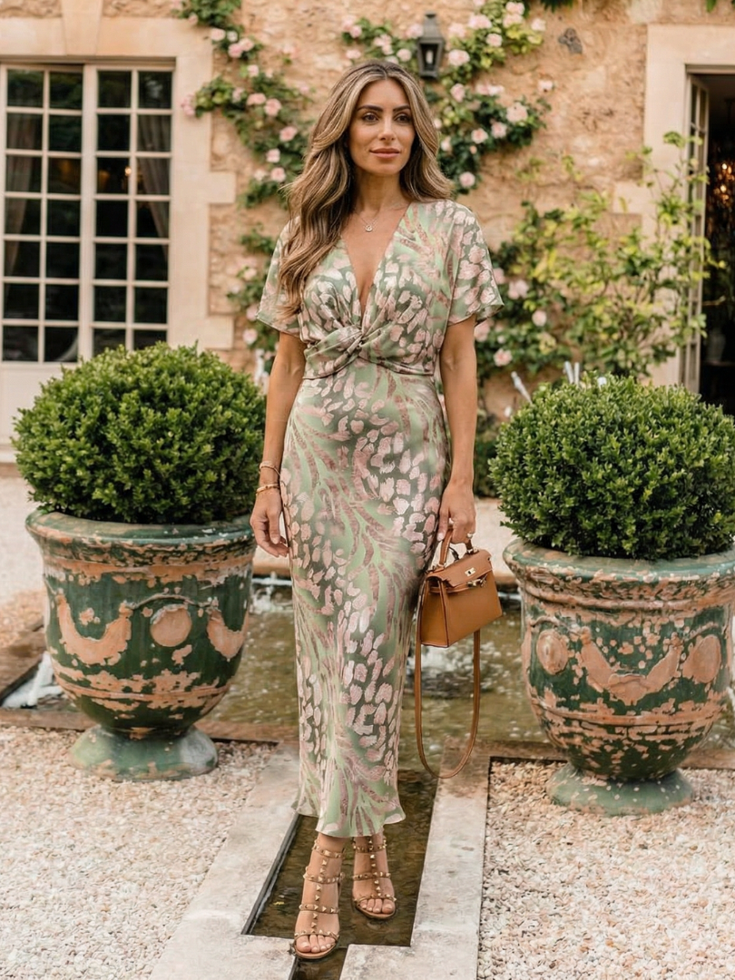 Abstract Print Midi Dress with V-Neck and Twisted Waist