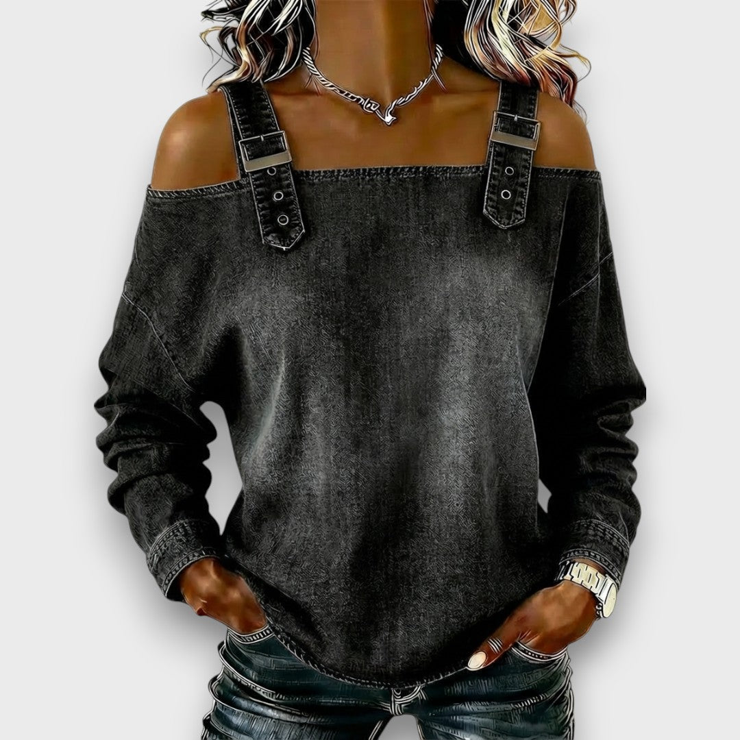 Velmira - Casual Buckle Strap Denim Top
