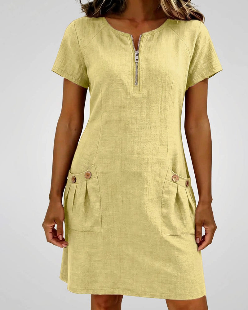 Short Linen and Cotton Dress with Zipper Closure - Elegant A-Line Cut