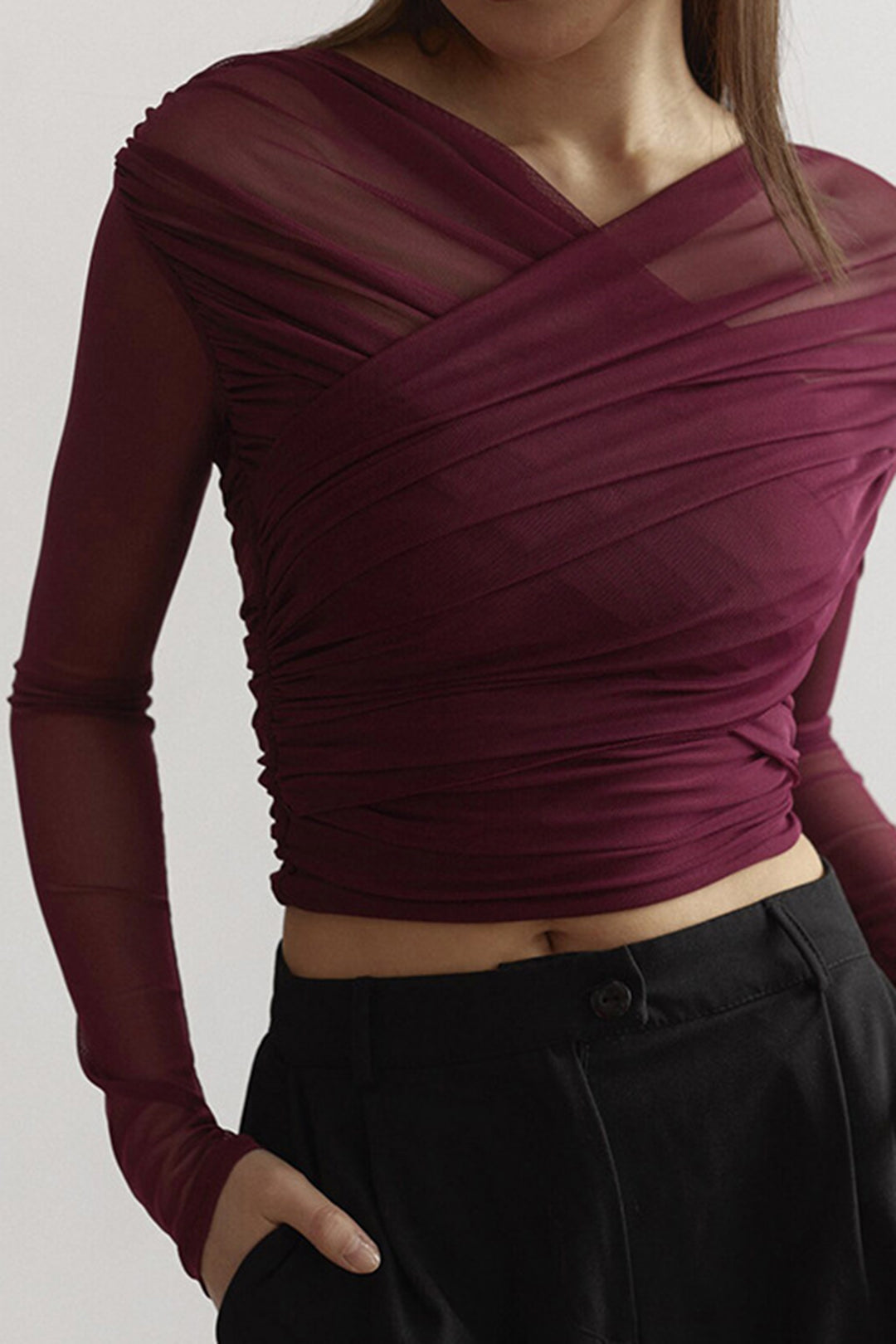Michelle | Women Ruched Mesh Long Sleeve Top