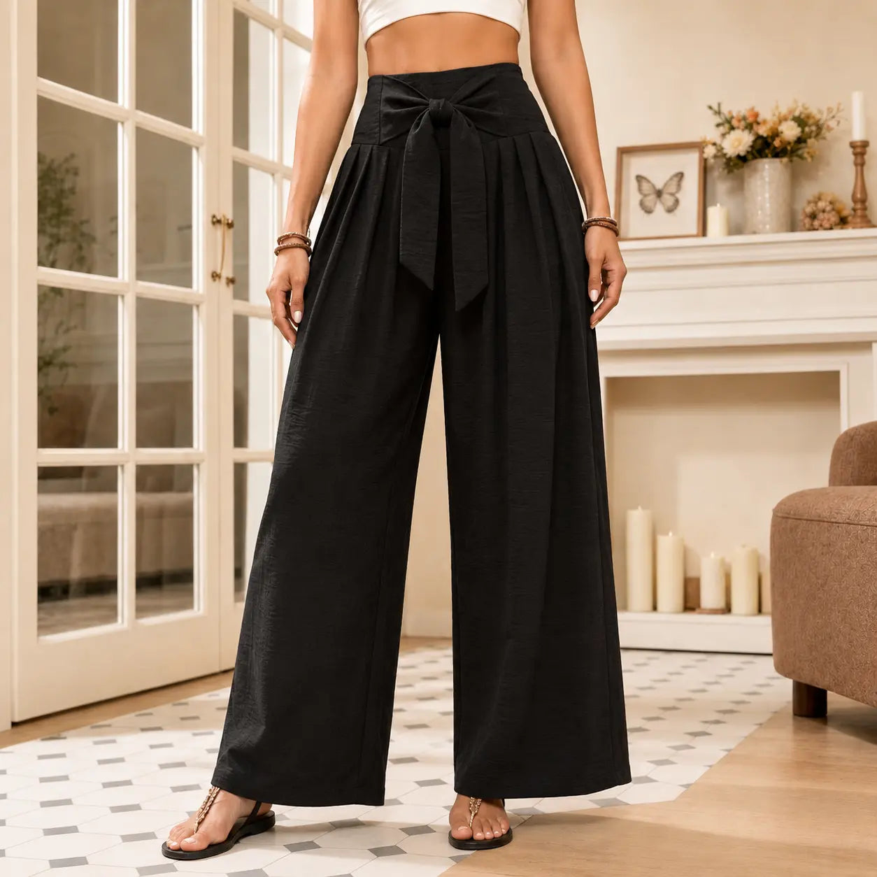 Driftlane – High Waisted Tie Front Wide Leg Pants for Women