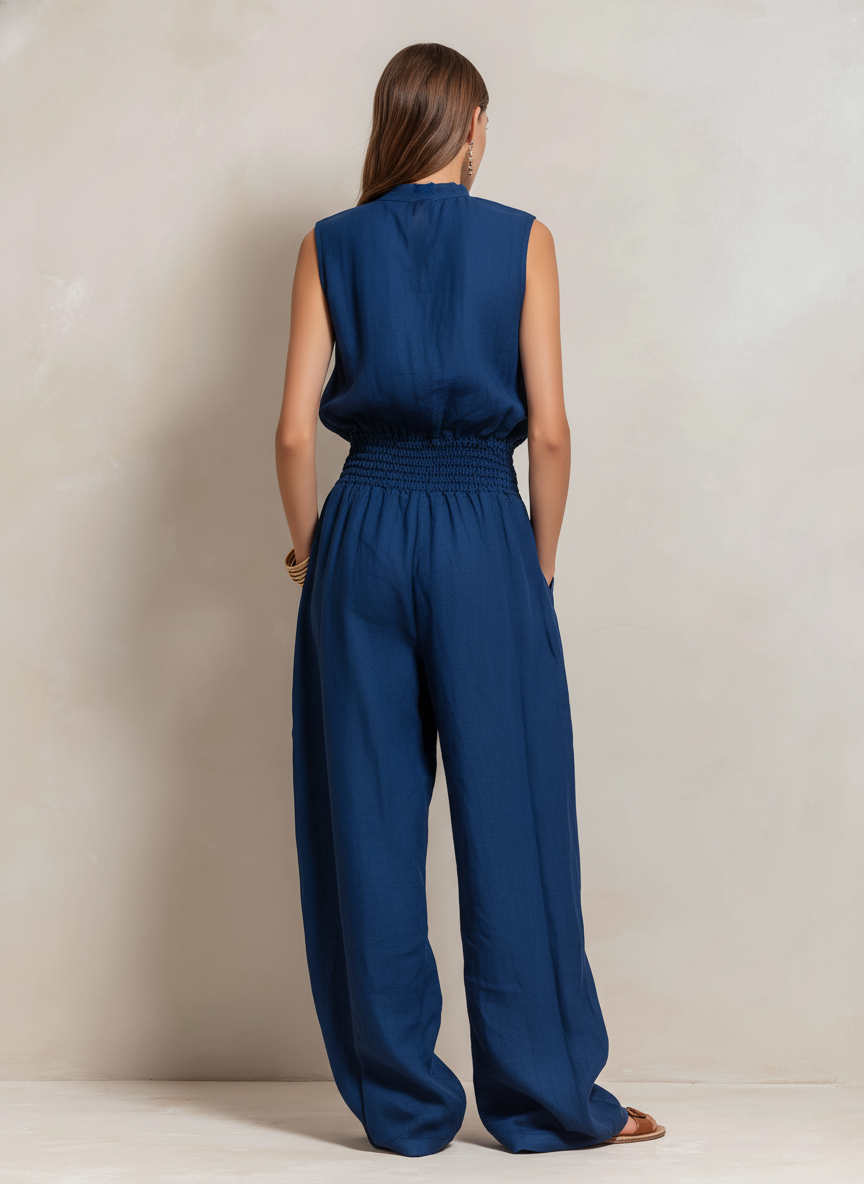 Women's Elegant Dark Blue Cotton-Linen Sleeveless Jumpsuit With Round Neck MDZ2068C2AN