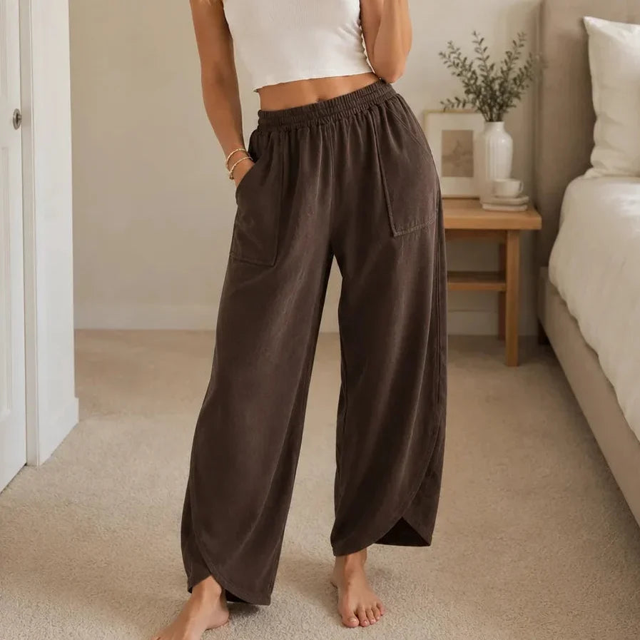 Lounella – Wide Leg Harem Pants with Elastic Waist and Deep Pockets