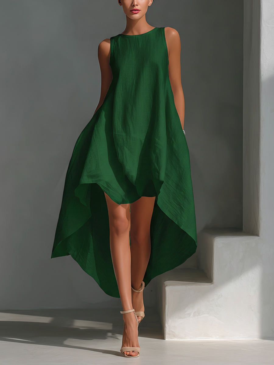 White Linen Sleeveless Midi Dress for Women with Round Neck and Asymmetrical Hem