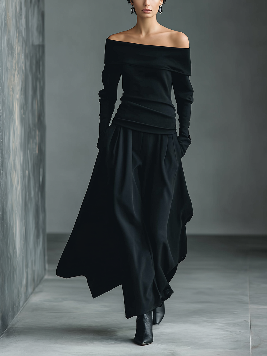 Women's Black Knit Off-Shoulder Fitted Top And Woven Fabric Skirt Set MDA1430K2T