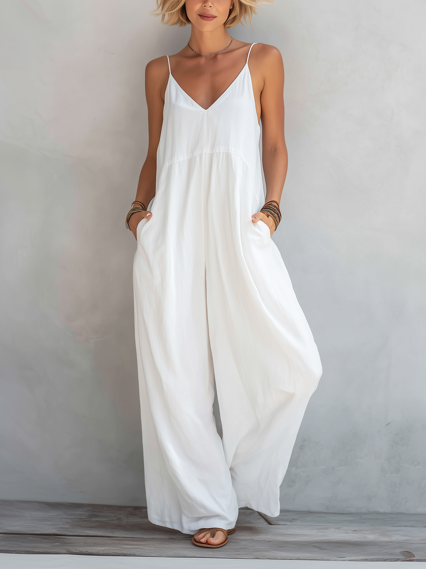 Women's Casual White Cotton-linen Blend Sleeveless Loose Jumpsuit MDZ0246C9AN