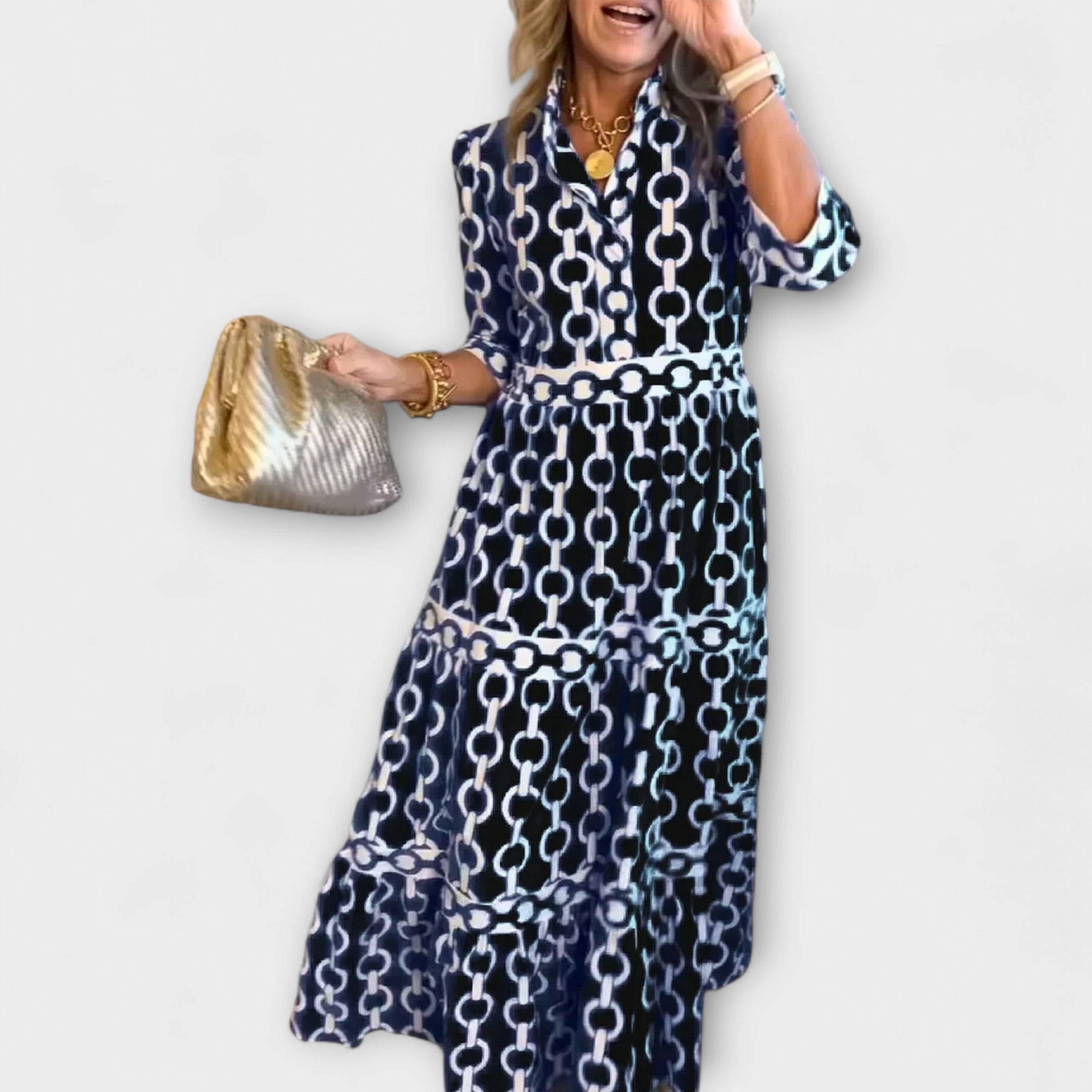 REAGAN – ELEGANT CHAIN PRINT MIDI DRESS