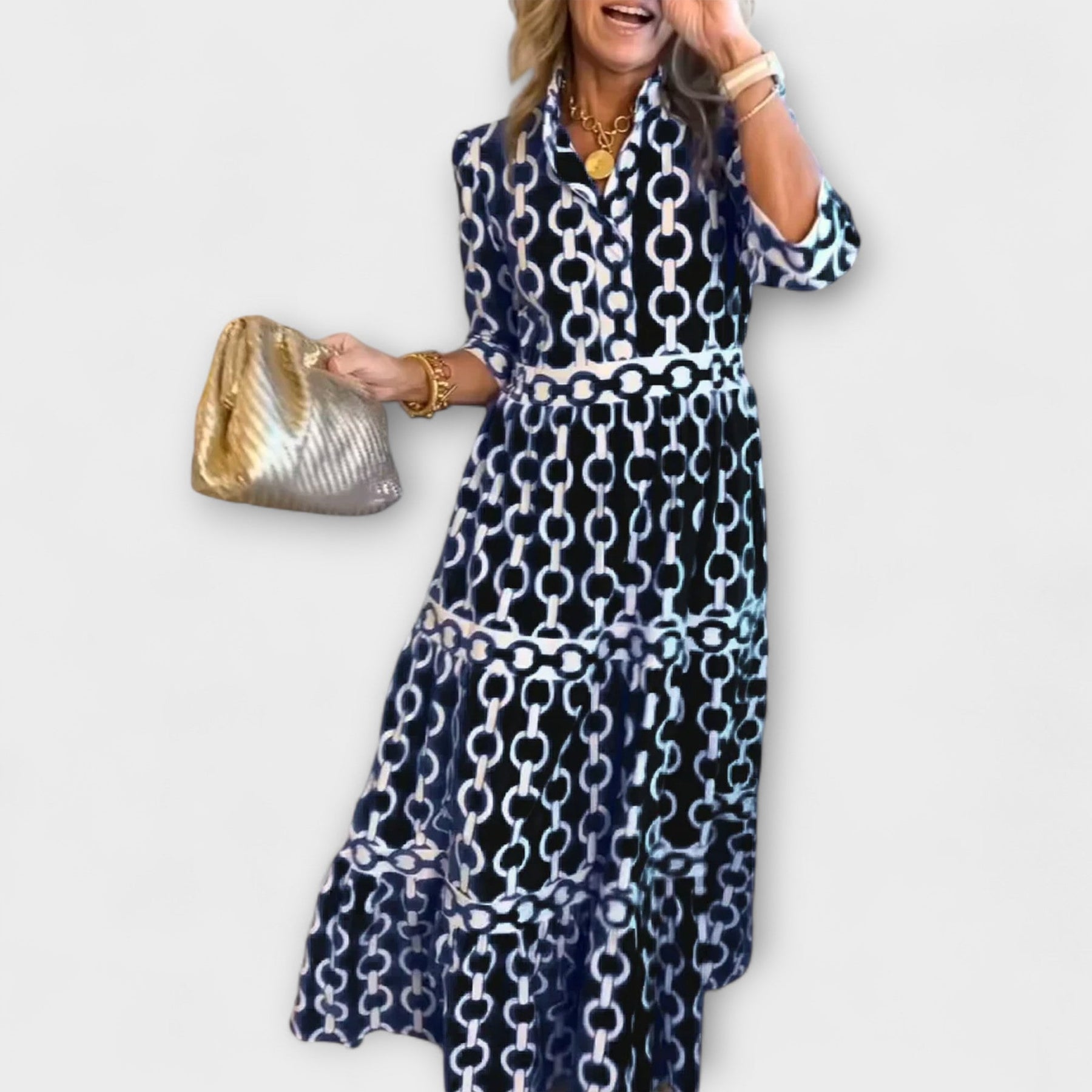 REAGAN – ELEGANT CHAIN PRINT MIDI DRESS