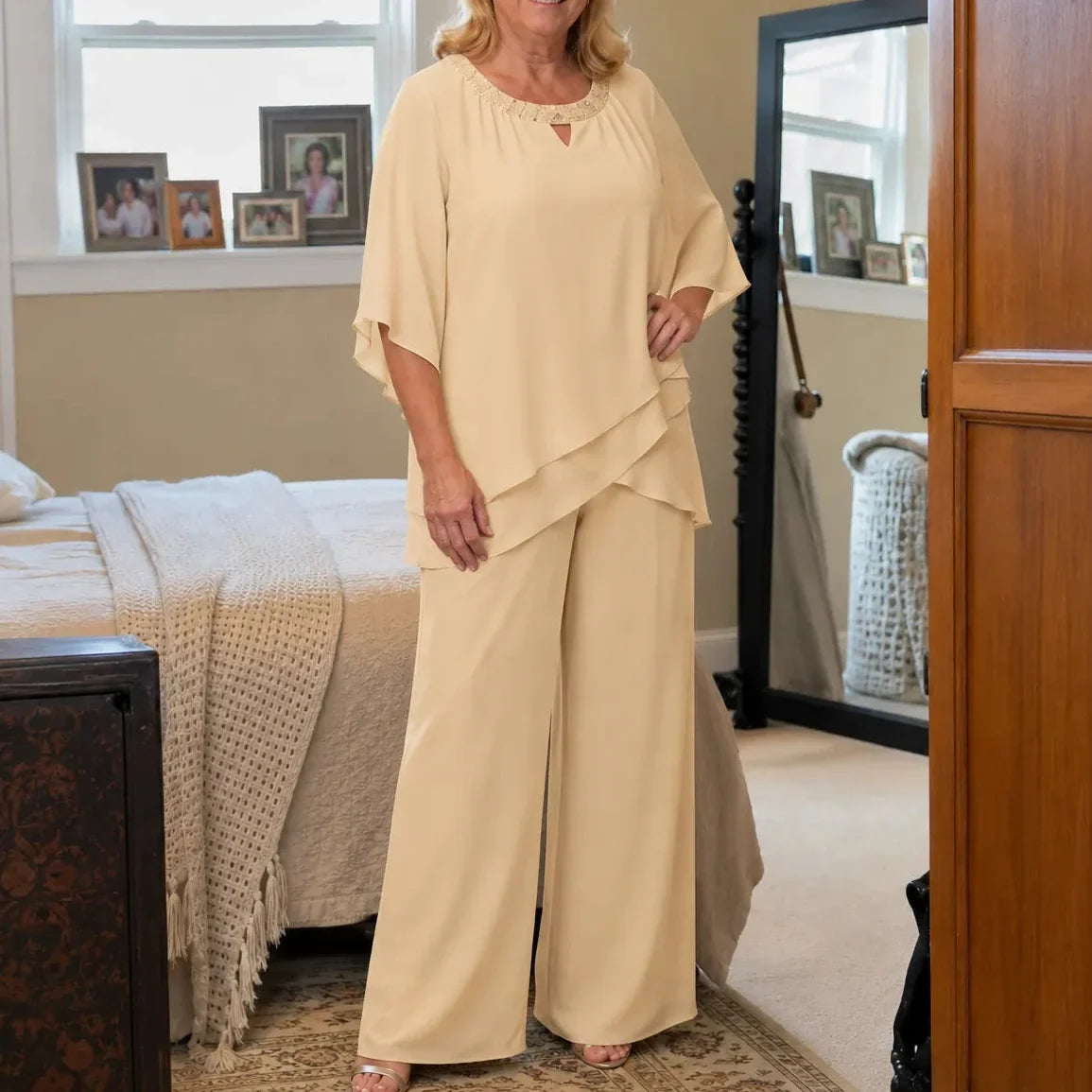 Elowen – Layered Chiffon-like Wedding Guest Pant Set for Women