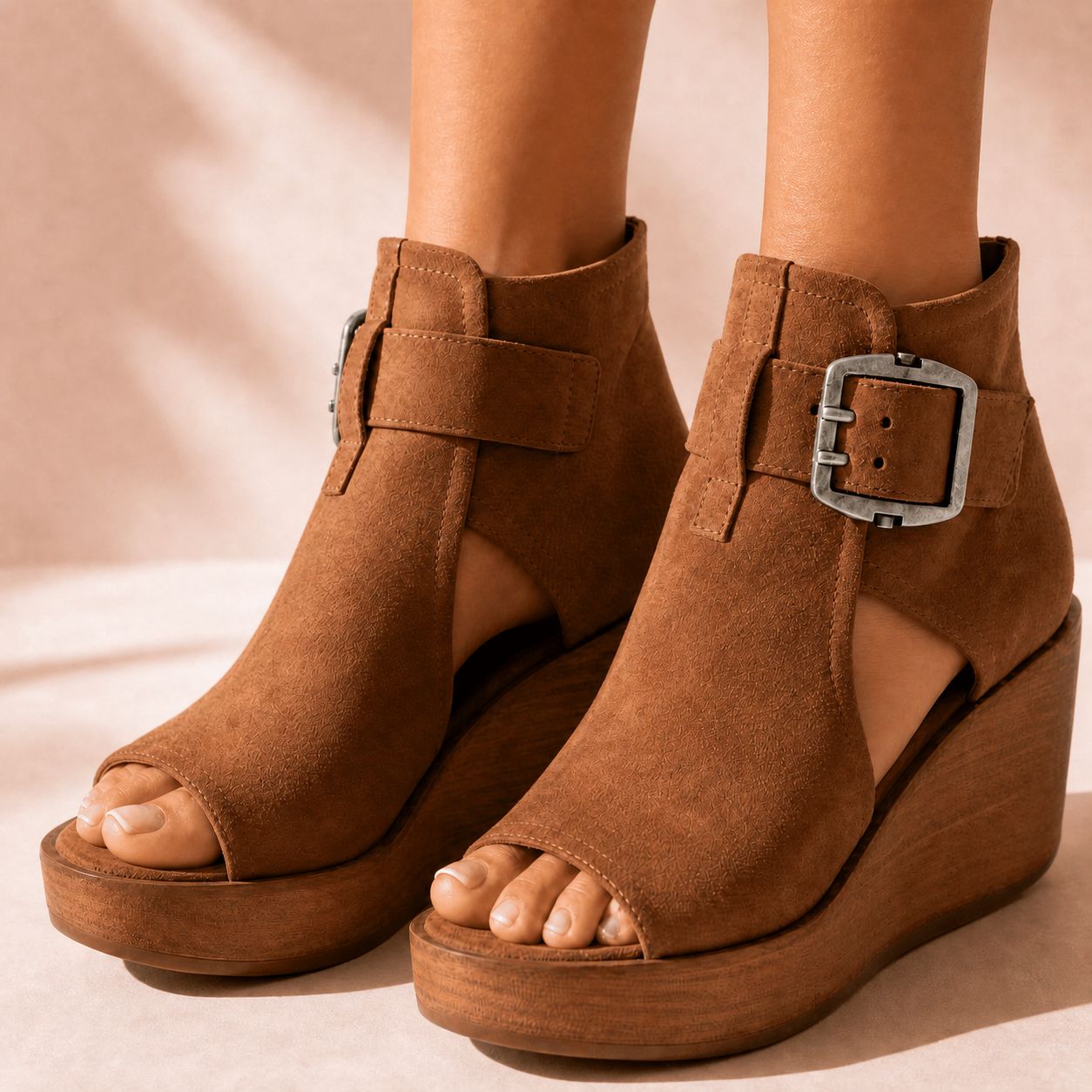 Elsera – Peep-Toe Platform Wedges with Buckle Detail