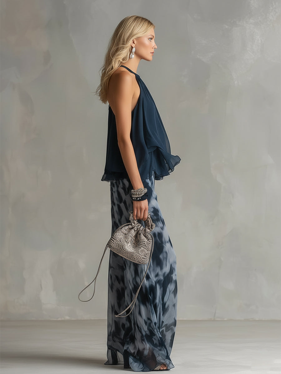 Ludovica | Elegant Navy Blue Halter Top and Wide Printed Pants Set