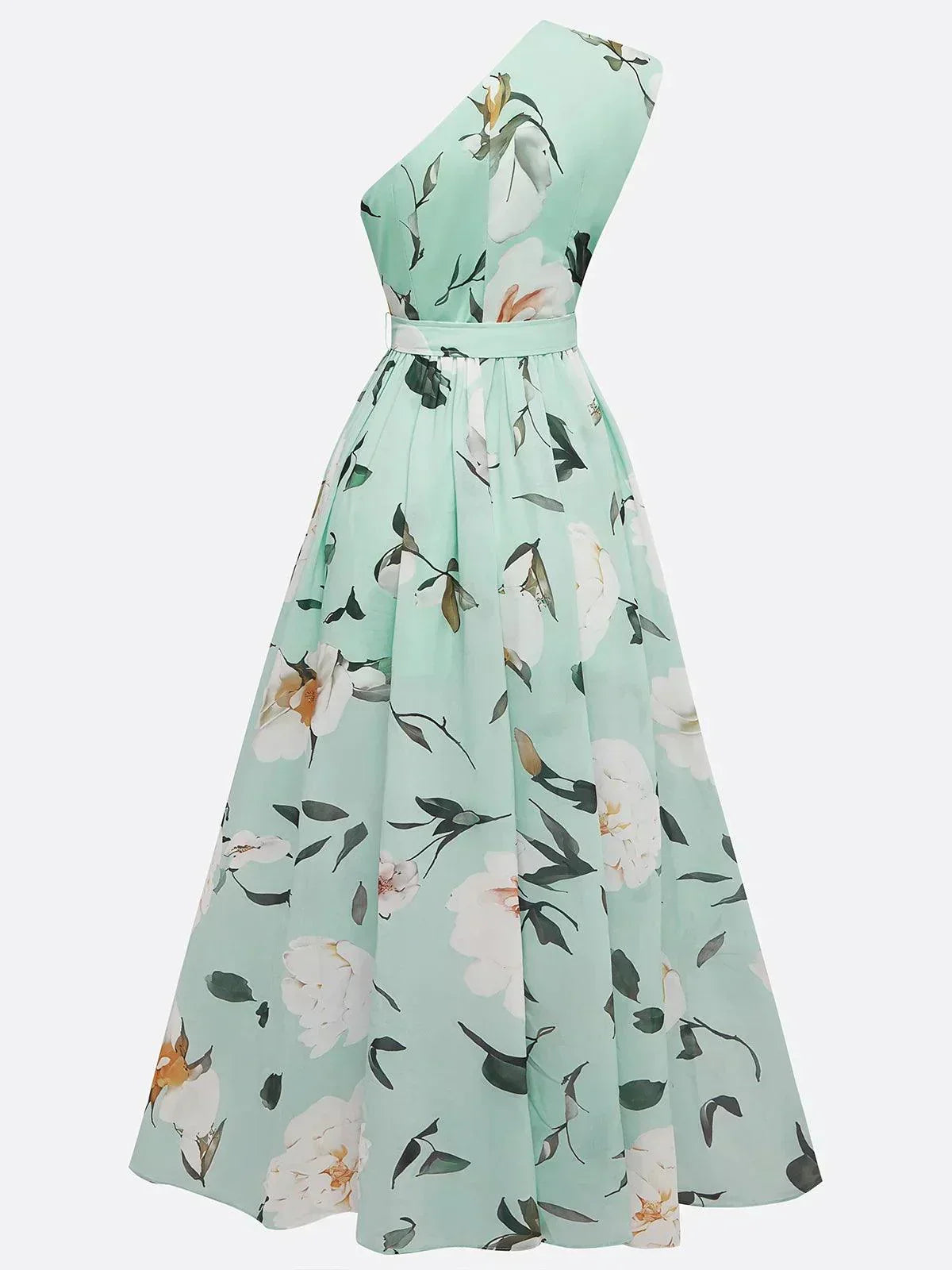 Julie | Light Green Floral Chiffon One-Shoulder Maxi Dress