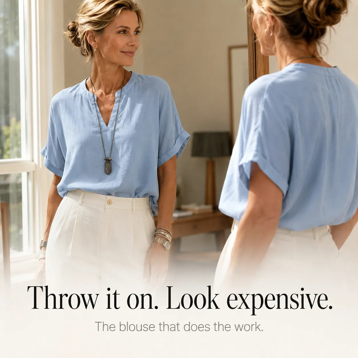 Linora – Notch V-Neck Short Sleeve Curved-Hem Tunic Blouse for Women