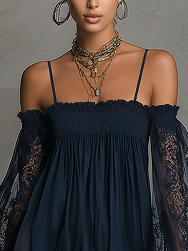 Noemi • Navy blue chiffon mini dress with off-the-shoulder neckline, lace trim, and sheer sleeves