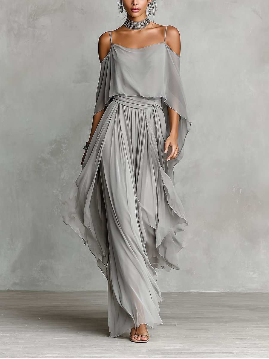 Women's Grey Breathable Chiffon Set With Cold-Shoulder Detail & Flared Silhouette, Contemporary Luxury-Feminine Style Set MDZ2651B6I