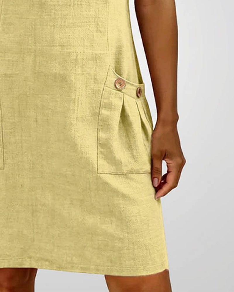 Short Linen and Cotton Dress with Zipper Closure - Elegant A-Line Cut