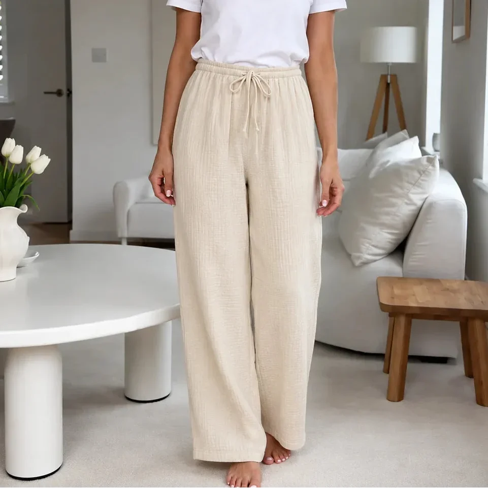 Loravie – Crinkle Wide Leg Elastic Waist Lounge Pants for Women