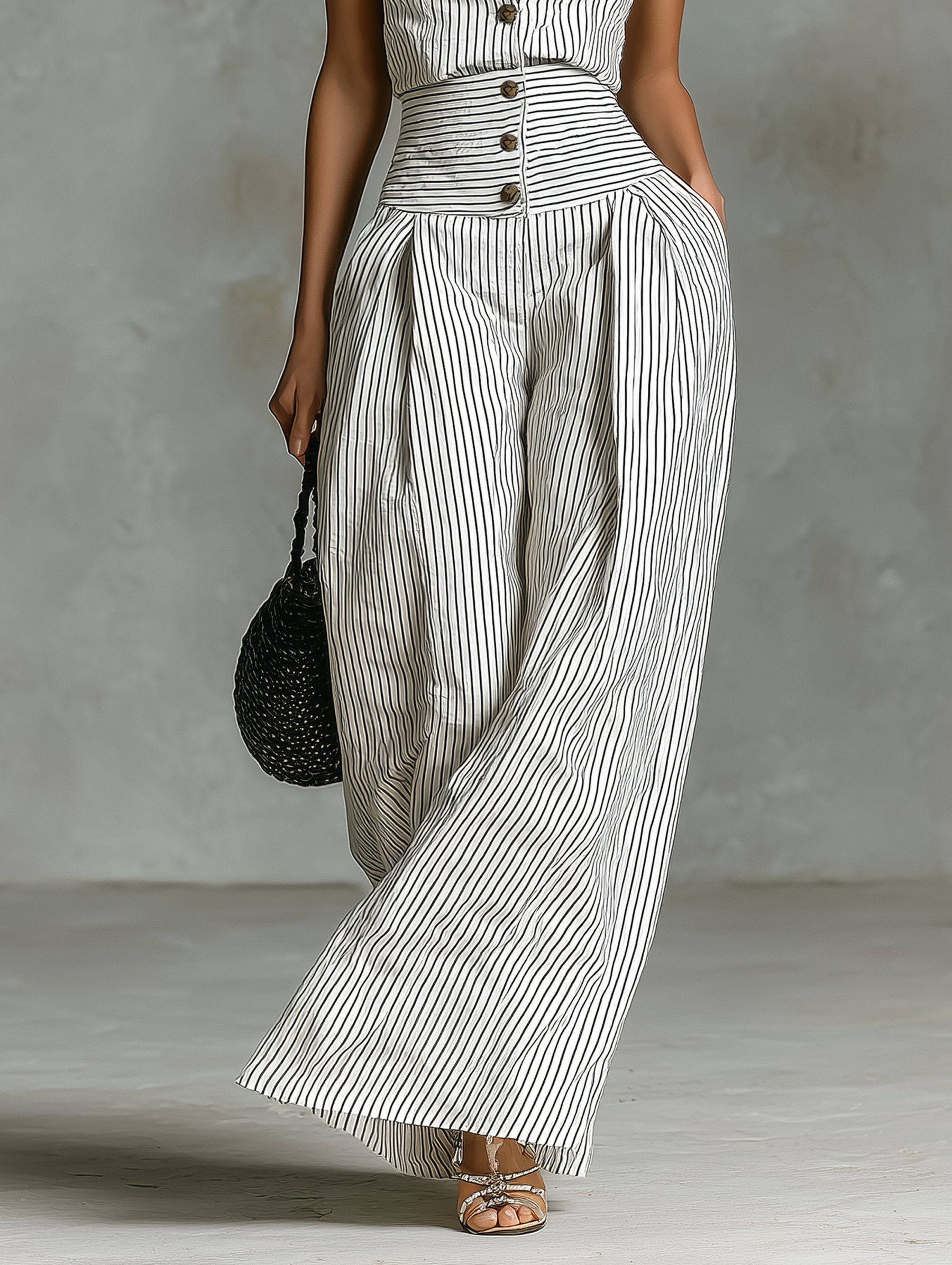 Women's Minimalist Striped Linen Sleeveless Single-Breasted Jumpsuit MDZ1950C7Y