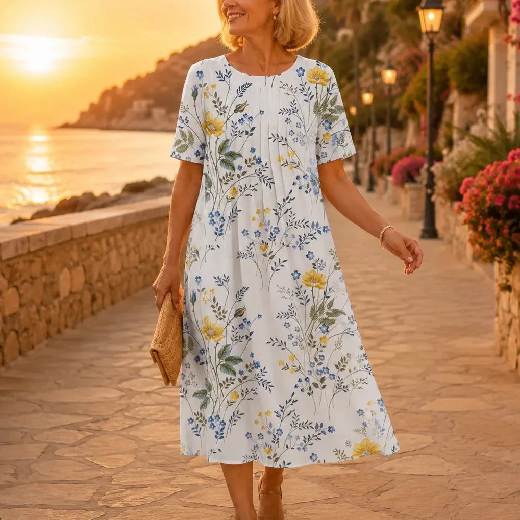 Fiorella – Floral Print Cotton-like Midi Dress with Pockets