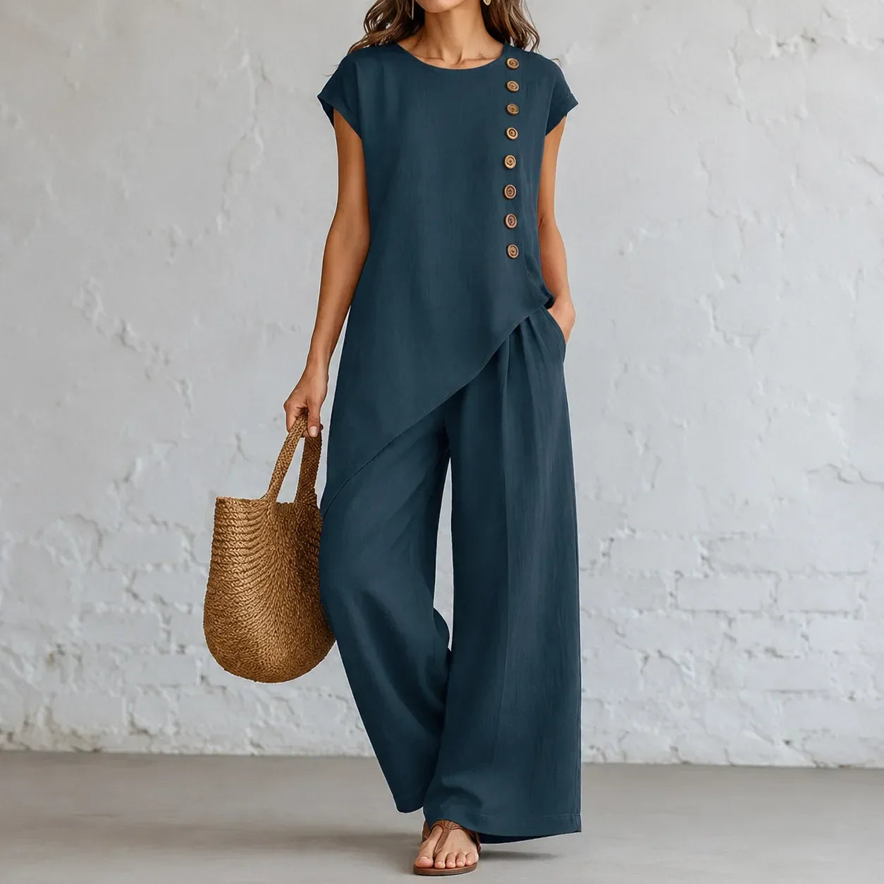 Elovena – Asymmetric Hem Matching Set with Wide-Leg Pants