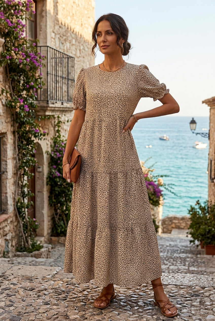 Long Dress for Women - Round Neck with Elegant Ruffled Details