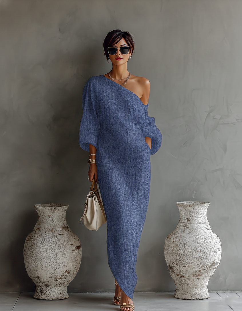 Elegant Flowing Dress in Ivory White Cotton-Linen with Off-Shoulder