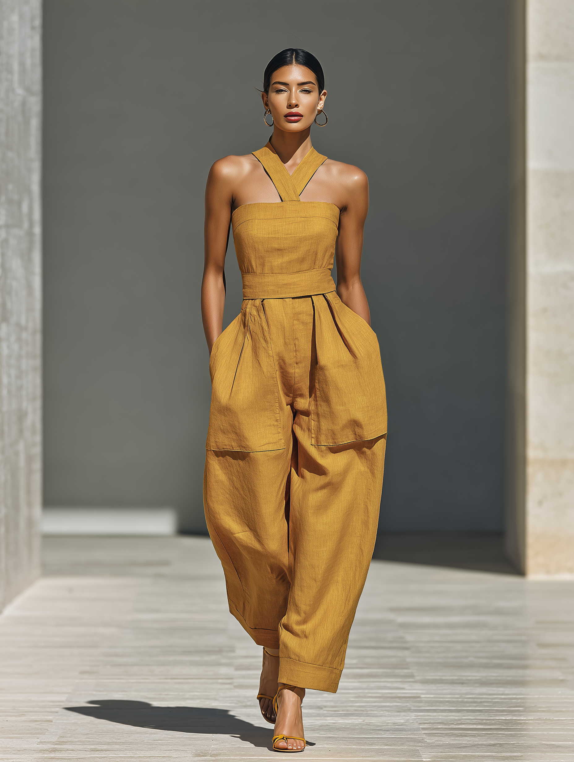 Women's Mustard Yellow Linen-Blend Jumpsuit With Crisscross Neckline & Relaxed Trousers MDZ2808B6T
