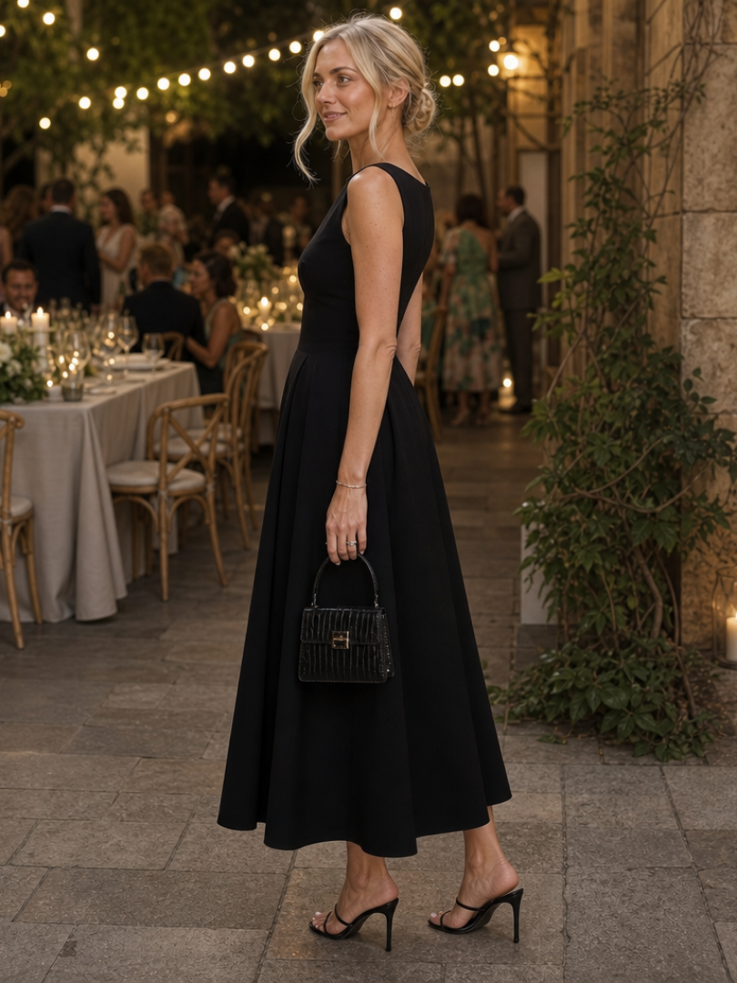 Corane | Sleeveless Crew Neck Fitted Bodice Midi Dress