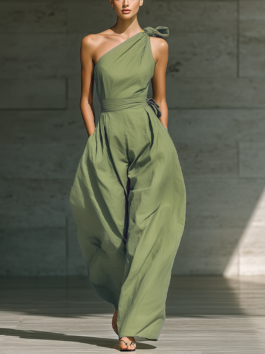 Women's Light Green Cotton And Linen Blend One-Shoulder Wide-Leg Jumpsuit With Tie Waist MDZ3136A8T