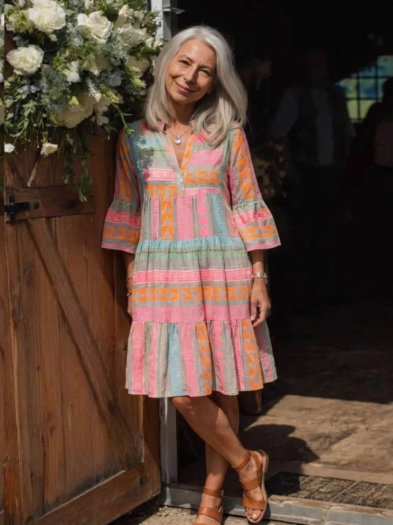 Maelle | Geometric Print V Neck Tiered Knee Length Dress