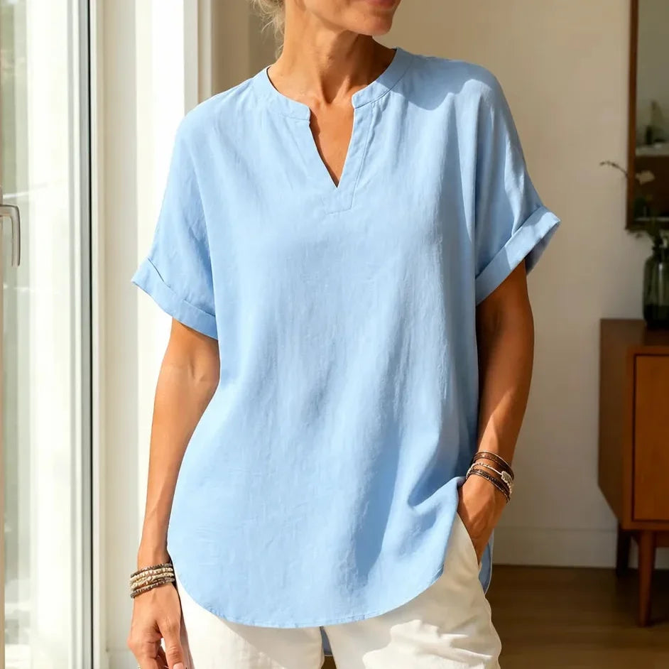 Linora – Notch V-Neck Short Sleeve Curved-Hem Tunic Blouse for Women
