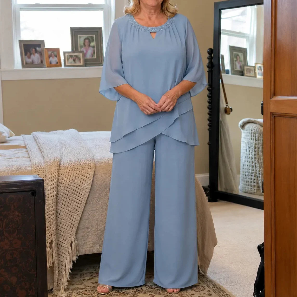 Elowen – Layered Chiffon-like Wedding Guest Pant Set for Women